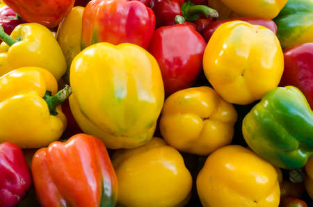 Yellow, green and red colorful bell peppers, natural の写真素材