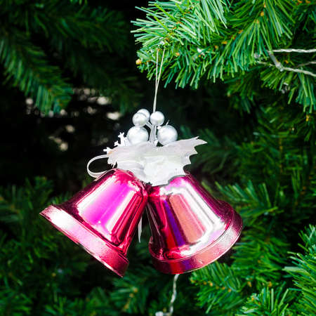 Christmas bells on the branches backgroundの写真素材
