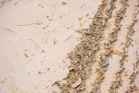 Wheel track on dried cracked soilの写真素材