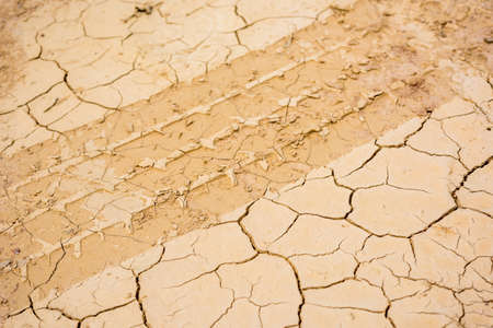 Wheel track on dried cracked soilの写真素材
