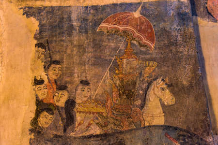 Ancient Buddhist temple the famous mural painting at Wat Phumin, a famous temple in Nan province,Thailand. The temple is open to the public.のeditorial素材