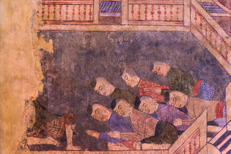 Ancient Buddhist temple the famous mural painting at Wat Phumin, a famous temple in Nan province,Thailand. The temple is open to the public.のeditorial素材