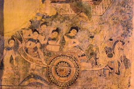 Ancient Buddhist temple the famous mural painting at Wat Phumin, a famous temple in Nan province,Thailand. The temple is open to the public.のeditorial素材