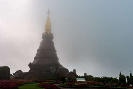 The pagoda at Doi Inthanon in the fog, chiangmai - Thailandの写真素材