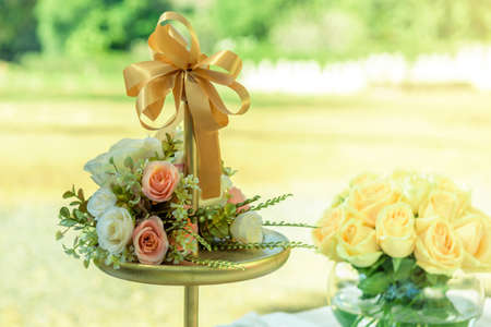 bouquet rose  edding guest table set for an eventの写真素材