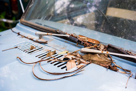 Rusty wipers on an old abandoned carの写真素材