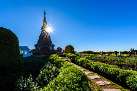 Landmark of pagoda on the top of Inthanon mountain, Chiang Mai, Thailand.の写真素材
