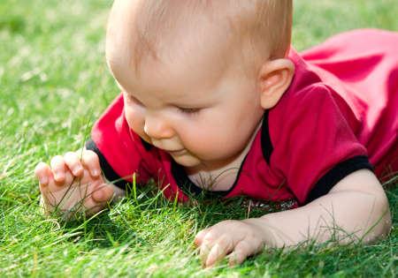 baby girl playing on green grassの写真素材