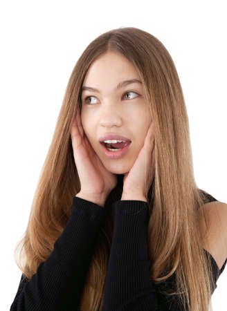 portrait of a girl with surprised faceの写真素材