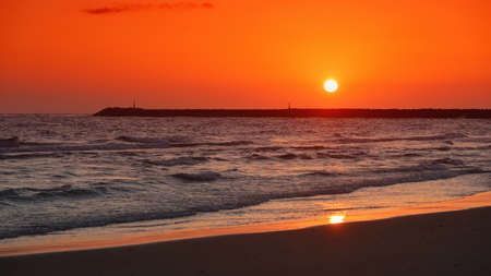 Mole at sunset, North Sea, Hvide Sandeの写真素材