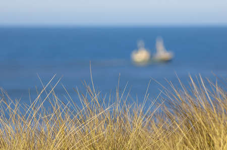Blurred fishing boat behind dune grassの写真素材