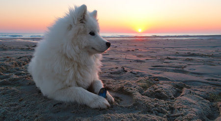samoyed dog lying on the beach at sunsetの写真素材
