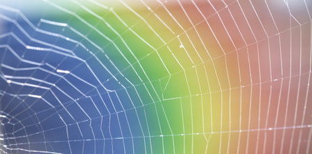 Close-up of a spider web with rainbow colors in the backgroundの写真素材