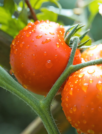 Ripe tomatoes on the vine after a rainの写真素材
