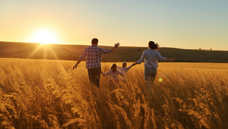 A joyful family of fourâfather, mother, and two childrenâwalking together through a golden field at sunset. Warm sunlight creates a peaceful, idyllic atmosphere as they enjoy quality time outdoorsの素材