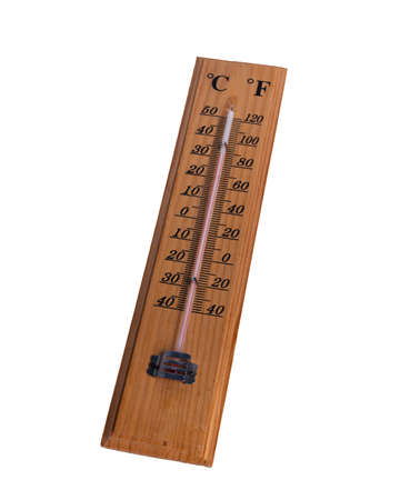 Wooden room thermometer with scale in fahrenheit and celsius isolated on white の写真素材