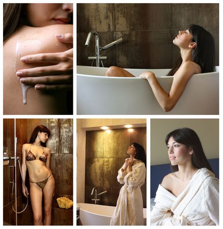 multiple portraits of woman in the bathroomの写真素材