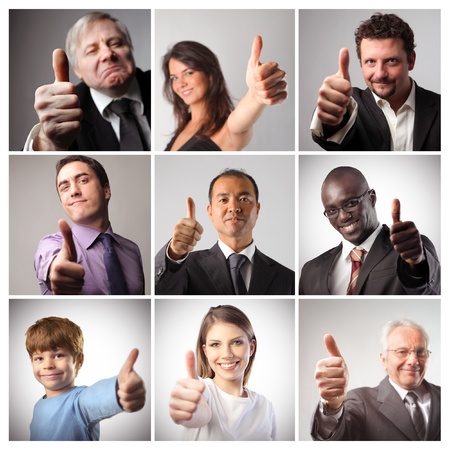 Composition of satisfied people with thumbs up