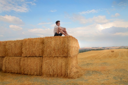 Thoughtful Boy in the Countrysideの写真素材