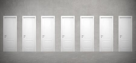 Seven white doors in a row