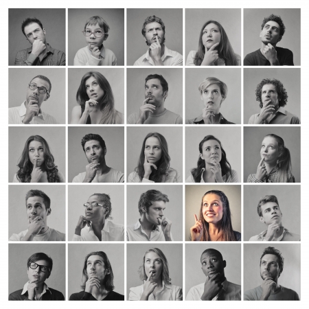 portraits of men and women thinking in black and white apart from one
