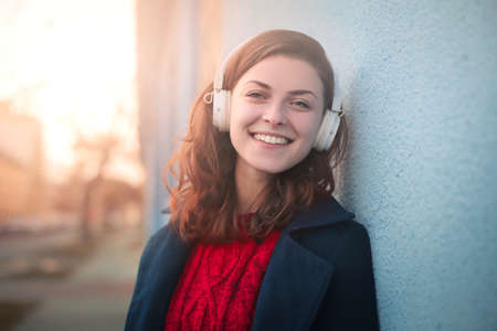 Smiling woman with headphonesの写真素材