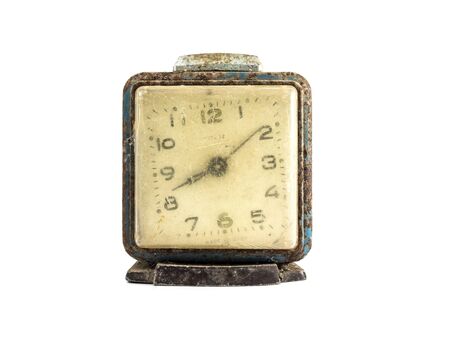grunge retro alarm or old clock on isolated white background
