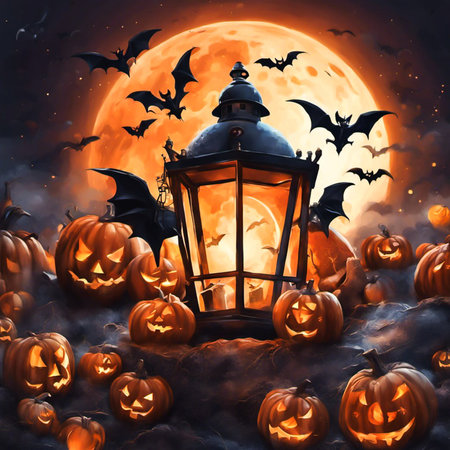 Halloween background with pumpkins, lantern and bats. 3d illustrationの写真素材