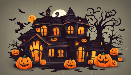 Halloween background with haunted house and pumpkins. Vector illustration.の素材