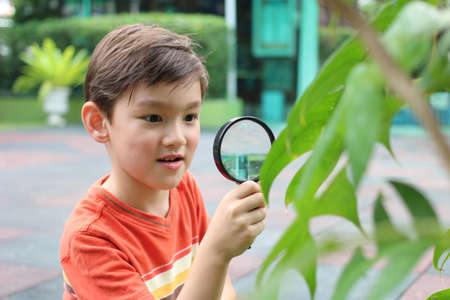 Little boy with magnifying glass in garden with excited face