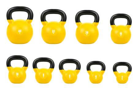 set yellow kettlebell, Gym equipment 40, 32, 20, 16, 10, 8, 6, 4, & 2 kg, 3d realistic isolated on white background, EPS 10のイラスト素材