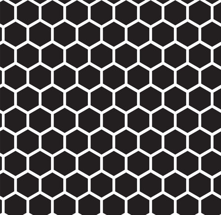 Hexagonal cells honey comb seamless pattern. Honeycomb on a black background. Fashion geometric design. Graphic style for wallpaper, wrapping, fabric, apparel, print production.のイラスト素材