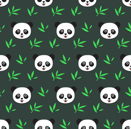 Panda bear and bamboo leaveson dark green backround. kawaii animal kids seamless pattern design for wrapping paper, fabric and textile.のイラスト素材