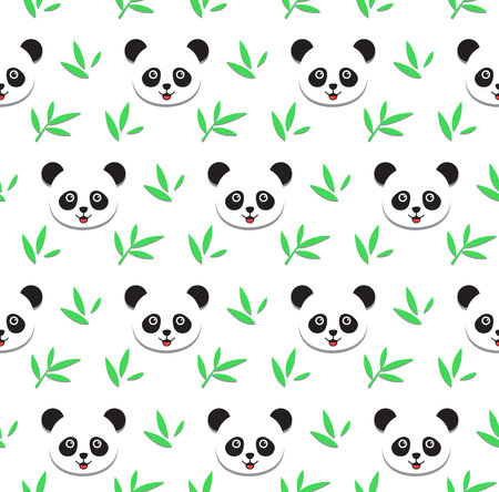 Panda bear and bamboo leaves on white background. kawaii animal kids seamless pattern design for wrapping paper, fabric and textile.のイラスト素材