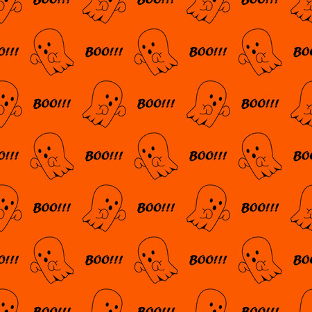 Cute halloween ghost seamless pattern on orange background. Great vector illustration for kids and home decor projectsのイラスト素材