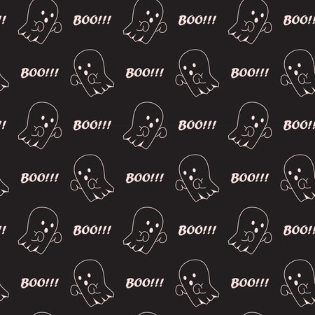 Cute halloween ghost seamless pattern on black background. Great vector illustration for kids and home decor projects.のイラスト素材