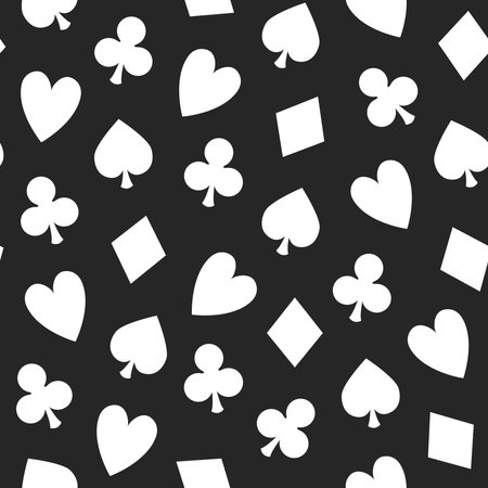 White colored poker suit pattern on black background, vector seamless casino background with card suits, clubs, hearts, spades and diamondsのイラスト素材