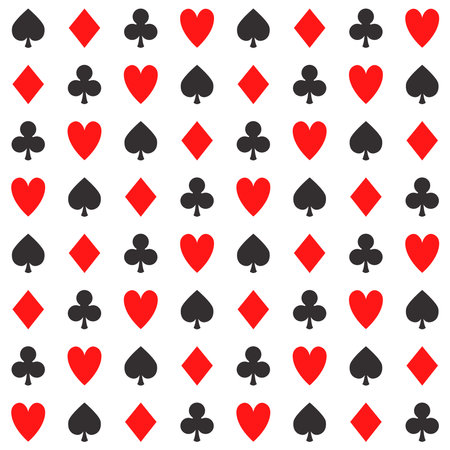 Simple poker repeat pattern, vector seamless casino background with card suits, clubs, hearts, spades and diamondsのイラスト素材