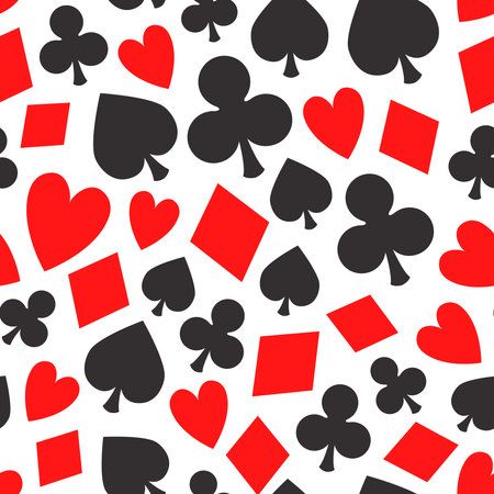 Poker card pattern, vector seamless casino background with card suits, clubs, hearts, spades and diamondsのイラスト素材