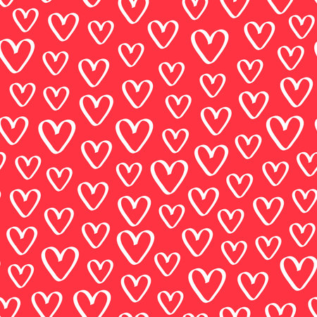 Love heart repeat pattern design vector background, white heart shape in outline style on a red backgroundのイラスト素材