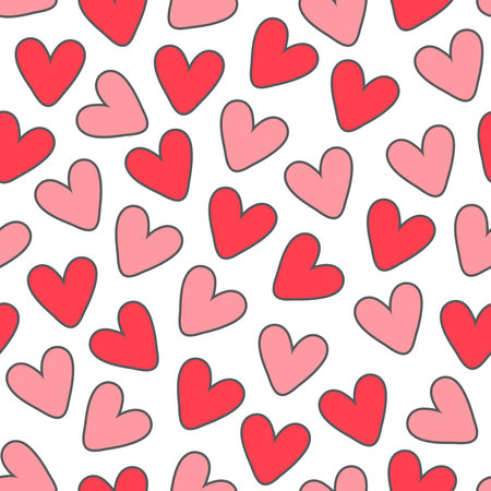 Love heart repeat pattern design vector background, red and pink heart shapes with black borders on a transparent backgroundのイラスト素材