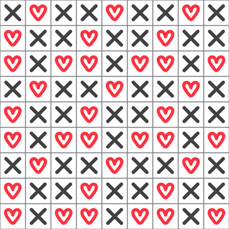 Love heart repeat pattern design vector background, red heart shape and black cross