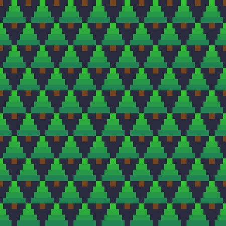 seamless repeating pattern of pine trees in flat design style on a dark blue backgroundのイラスト素材