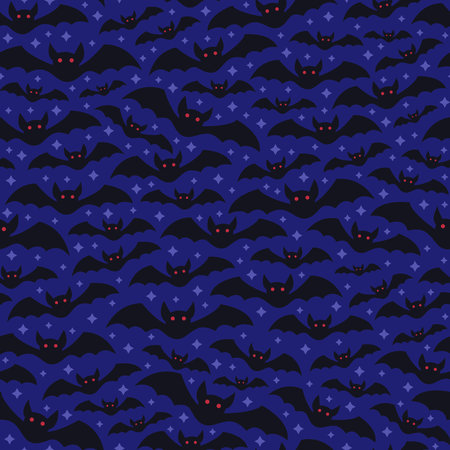 seamless repeating pattern of black bats on a blue background on a starry nightのイラスト素材