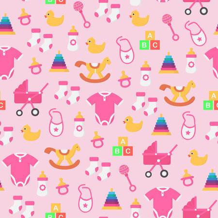 seamless repeating pattern of various kinds of baby girl equipmentのイラスト素材