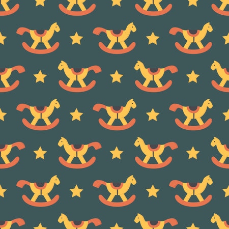 seamless repeating pattern toy horse on dark green background with yellow star decorationのイラスト素材