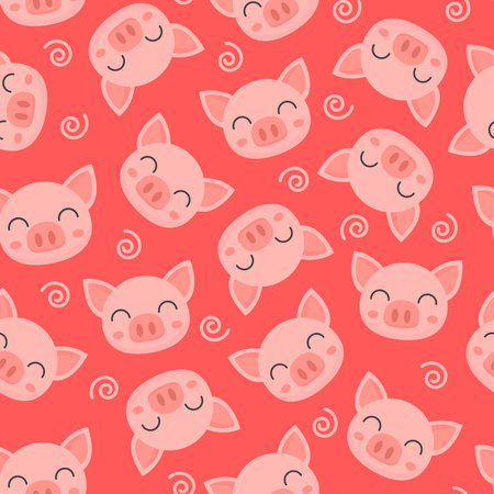 cartoon cute smiling pig seamless pattern with red backgroundのイラスト素材