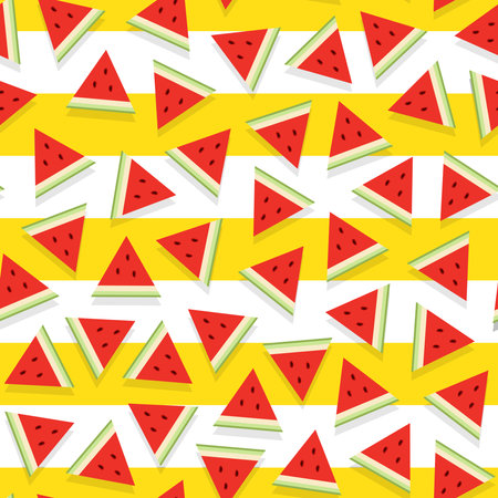 watermelon seamless pattern, a collection of triangular shaped watermelons scattered on a yellow and white backgroundのイラスト素材