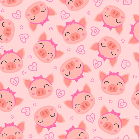 cartoon cute female pig smiling seamless pattern with transparent backgroundのイラスト素材