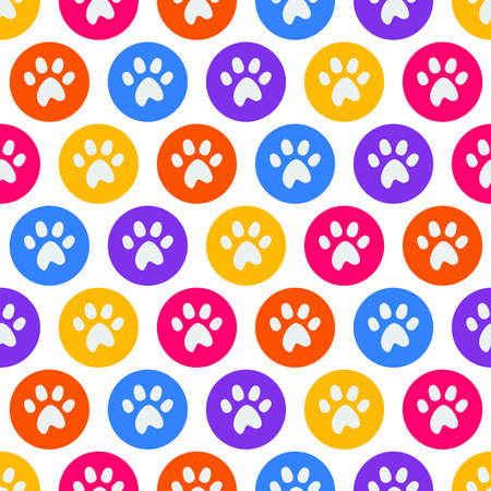 seamless pattern of white footprints in colorful circles on a transparent backgroundのイラスト素材